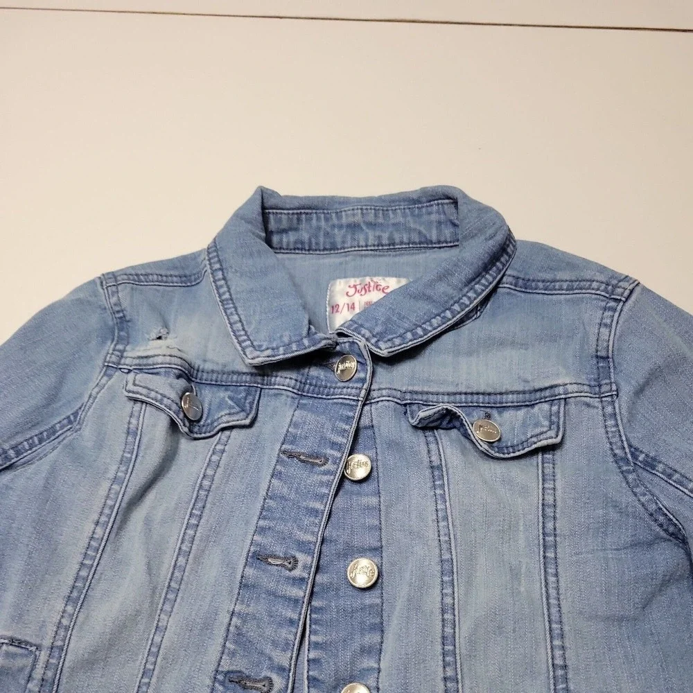 Justice Jean Jacket Girls 12 14 Blue Buttons Flap Pockets Collared Stretch Denim